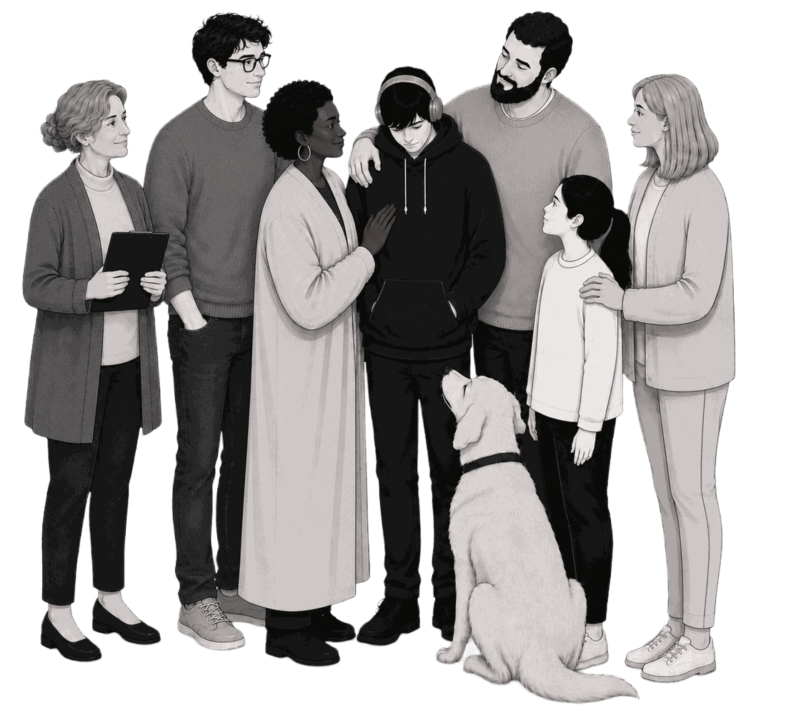 Illustration of a diverse family supporting one another